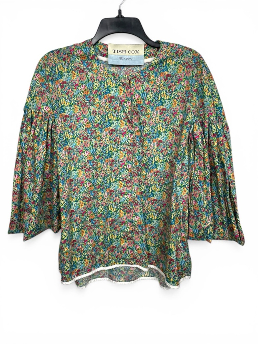 Tish Cox Dallas designer Green Floral Puff-Sleeve Blouse bat wings size S